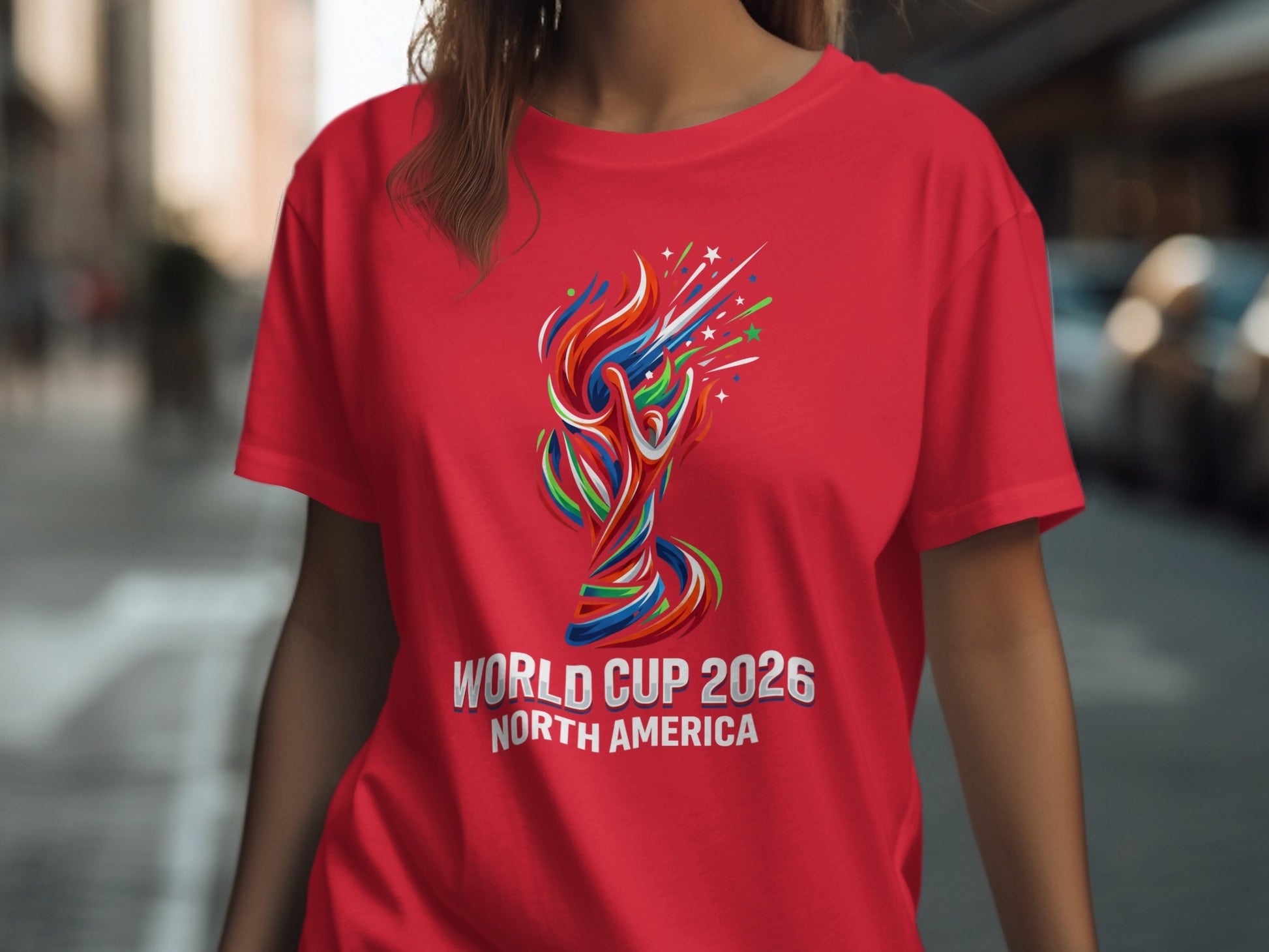 Red t-shirt with World Cup 2026 North America logo.