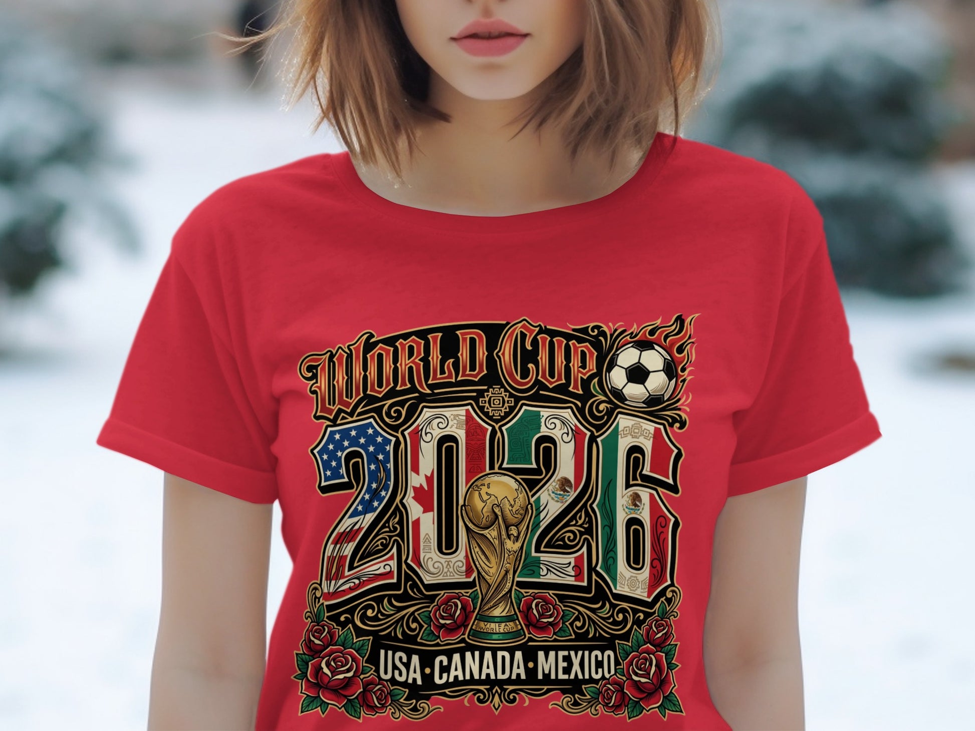 Red t-shirt with "World Cup 2026 USA Canada Mexico" graphic and trophy.