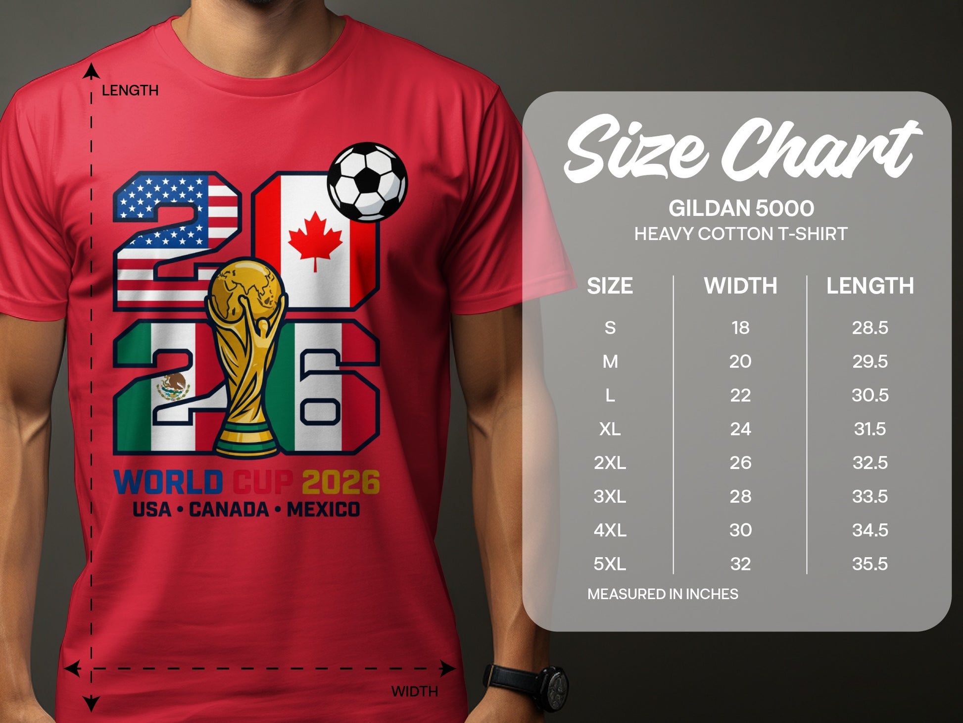 Red t-shirt with "World Cup 2026 USA Canada Mexico" and size chart.
