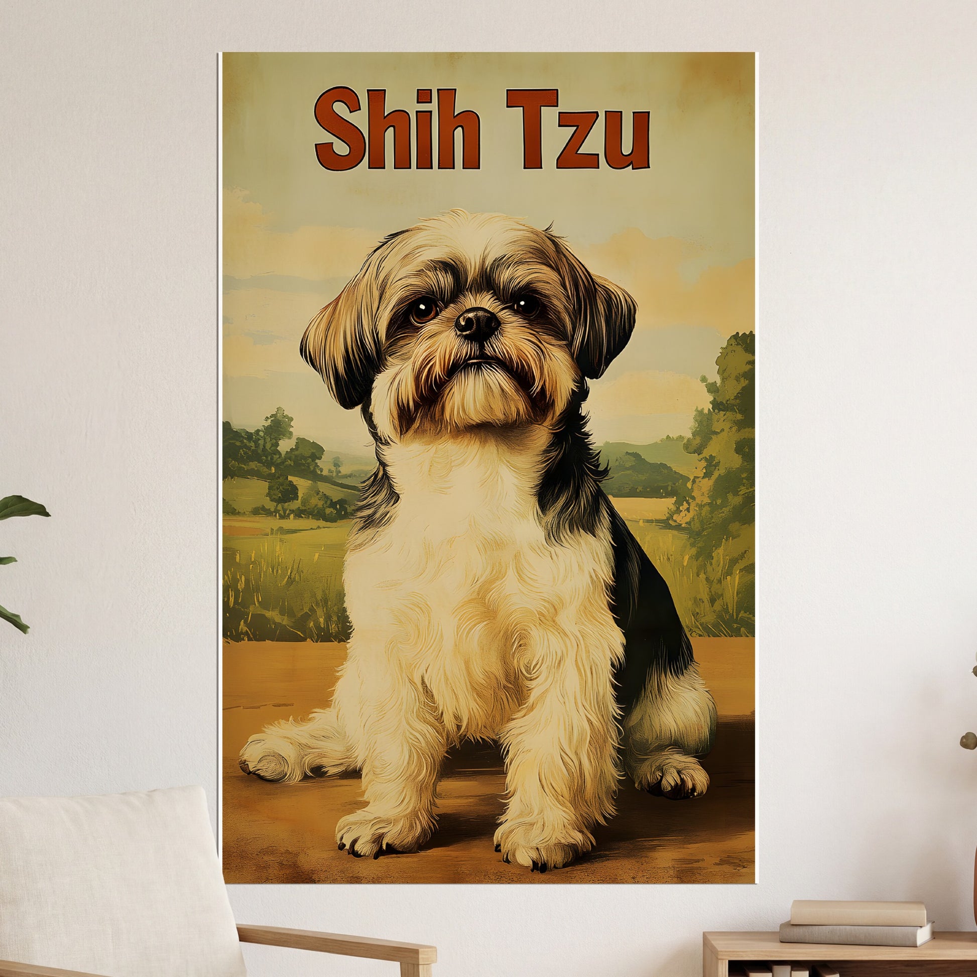 Shih Tzu dog sitting outdoors, with text "Shih Tzu" above.