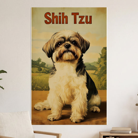 Shih Tzu dog sitting outdoors, with text "Shih Tzu" above.