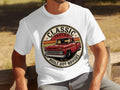 White t-shirt with a circular graphic featuring a red classic truck and text.