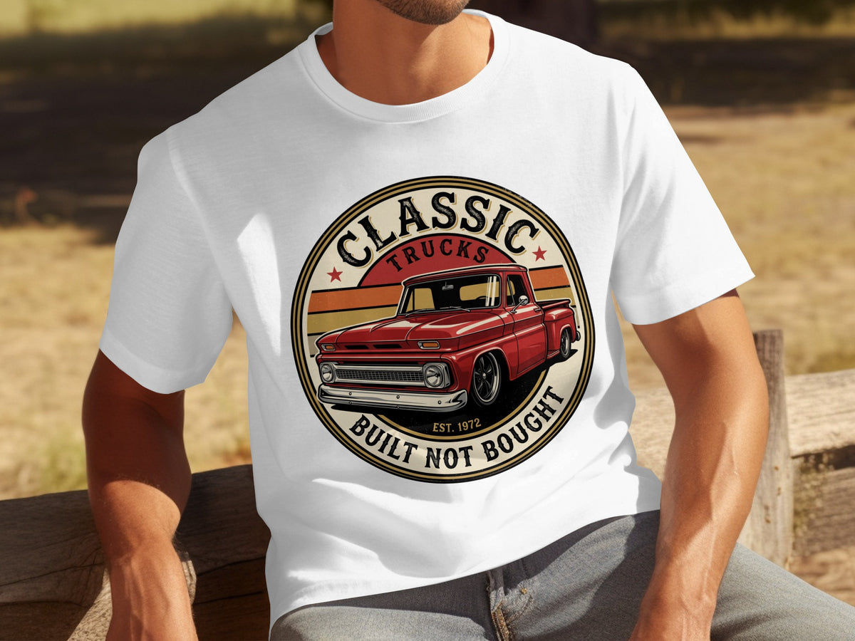 White t-shirt with a circular graphic featuring a red classic truck and text.