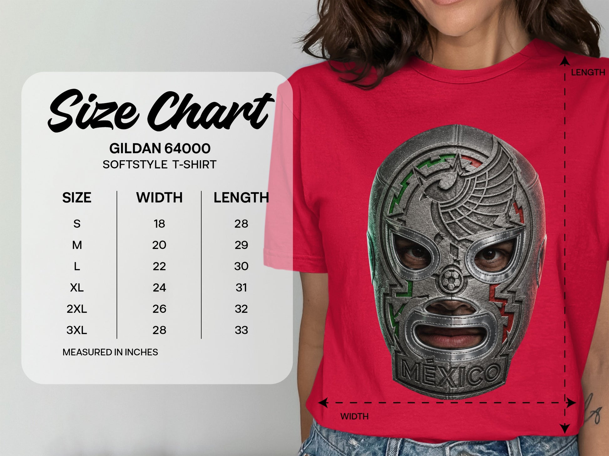 Gildan 64000 Softstyle T-shirt size chart with measurements in inches.