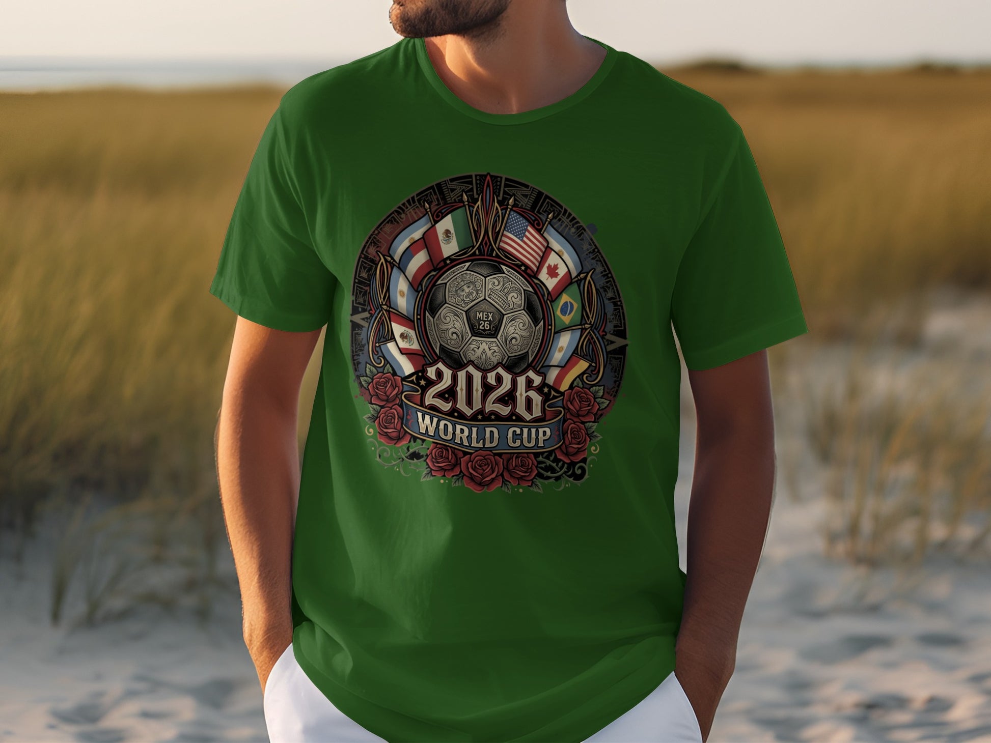 Green t-shirt featuring a 2026 World Cup design with flags and soccer ball.