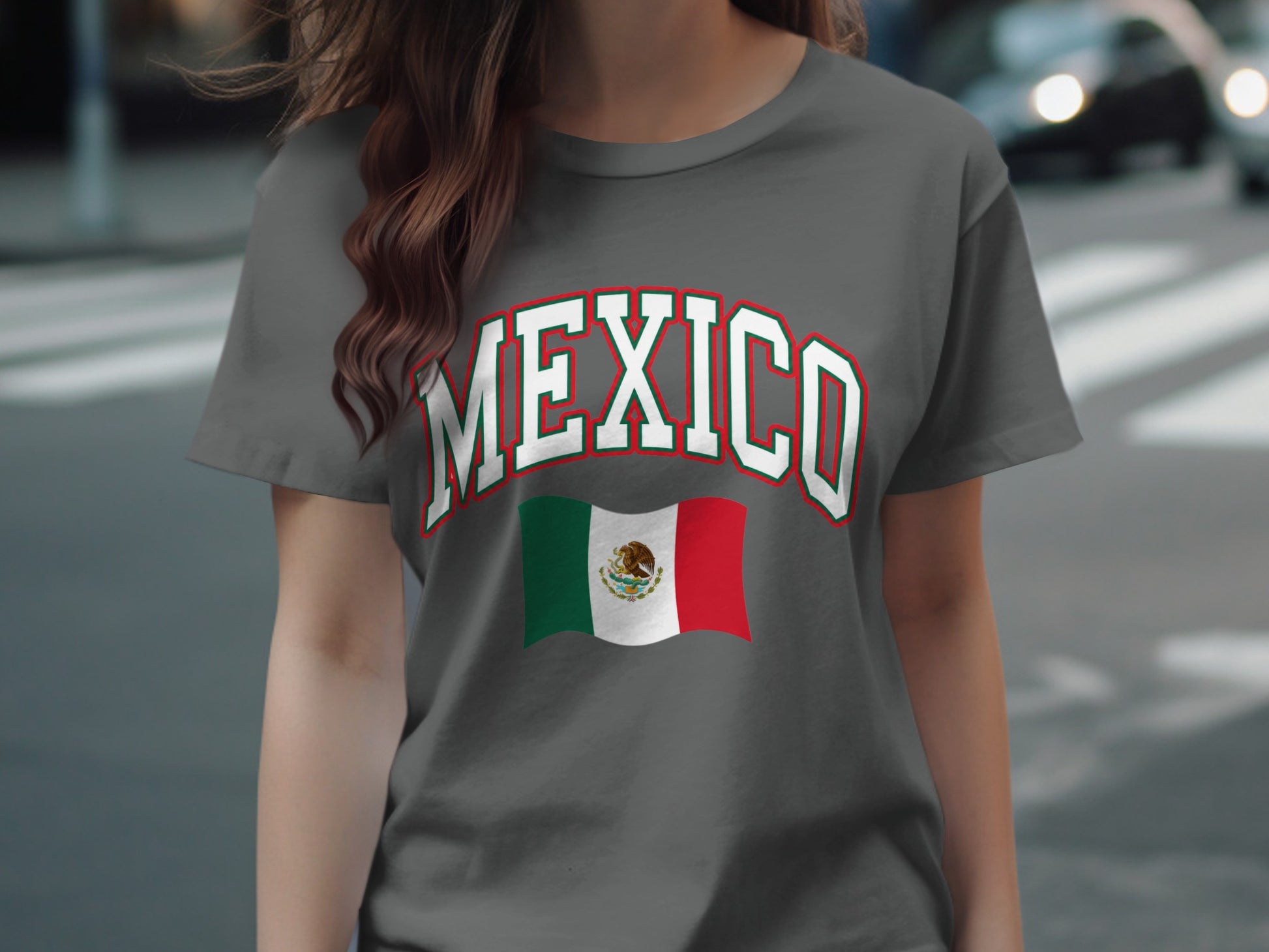 Dark grey t-shirt with "MEXICO" text and Mexican flag design.