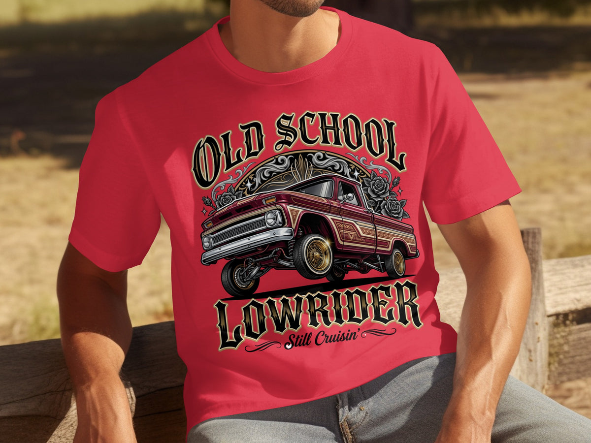 Red t-shirt with "Old School Lowrider" graphic featuring a vintage truck.