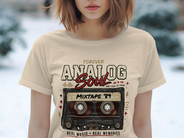 Light beige t-shirt with "Forever Analog Soul Mixtape '89" graphic featuring a cassette tape.