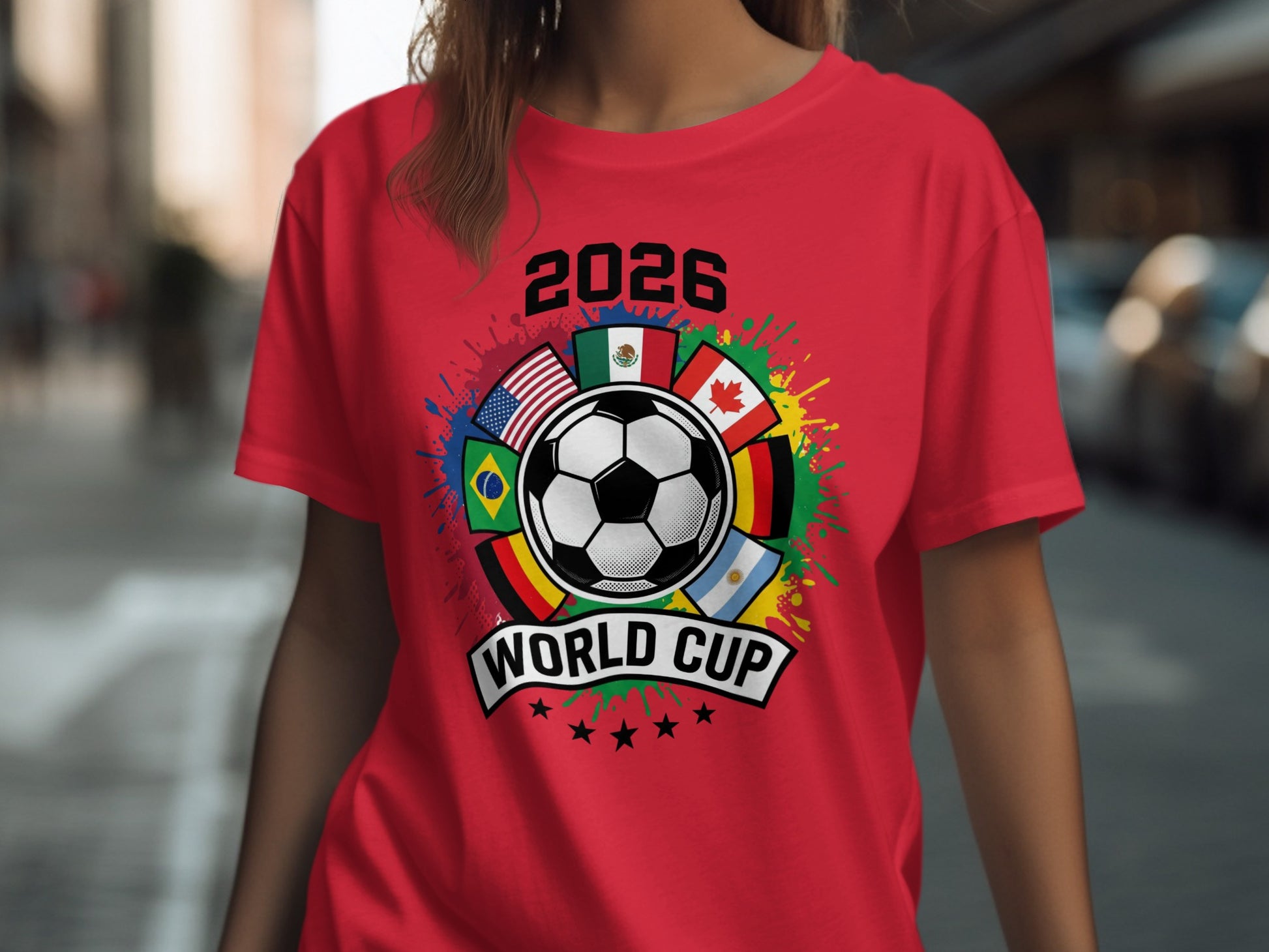 Red t-shirt with 2026 World Cup logo featuring flags and soccer ball.