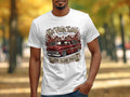 White t-shirt with red lowrider truck graphic and 
