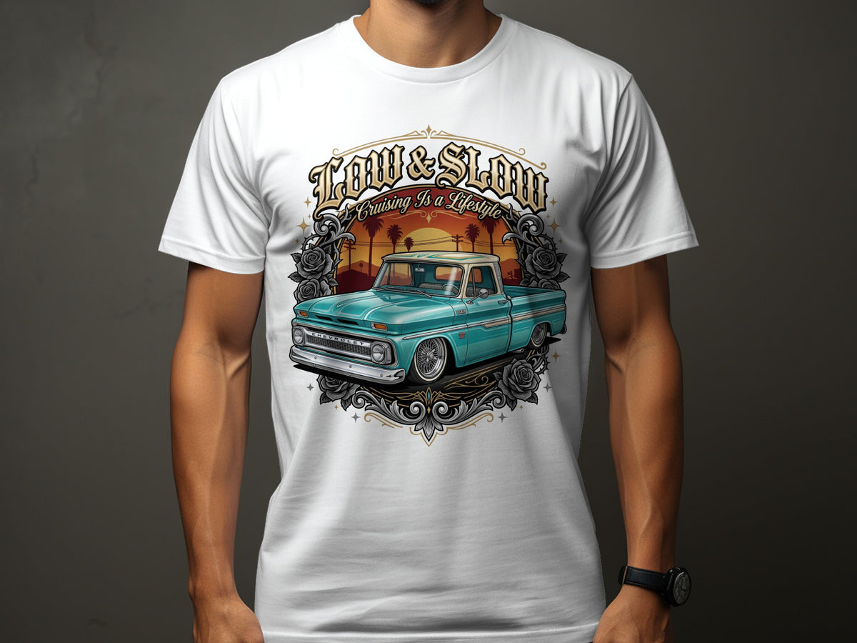 White t-shirt with "Low & Slow Cruising Is A Lifestyle" and teal truck design.