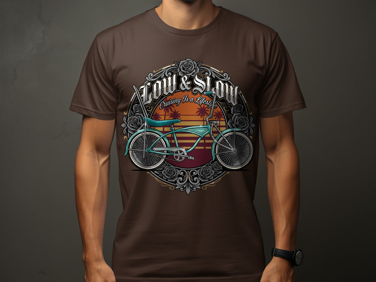 T-shirt graphic of lowrider bicycle with "Low & Slow Cruising Is A Lifestyle" text.