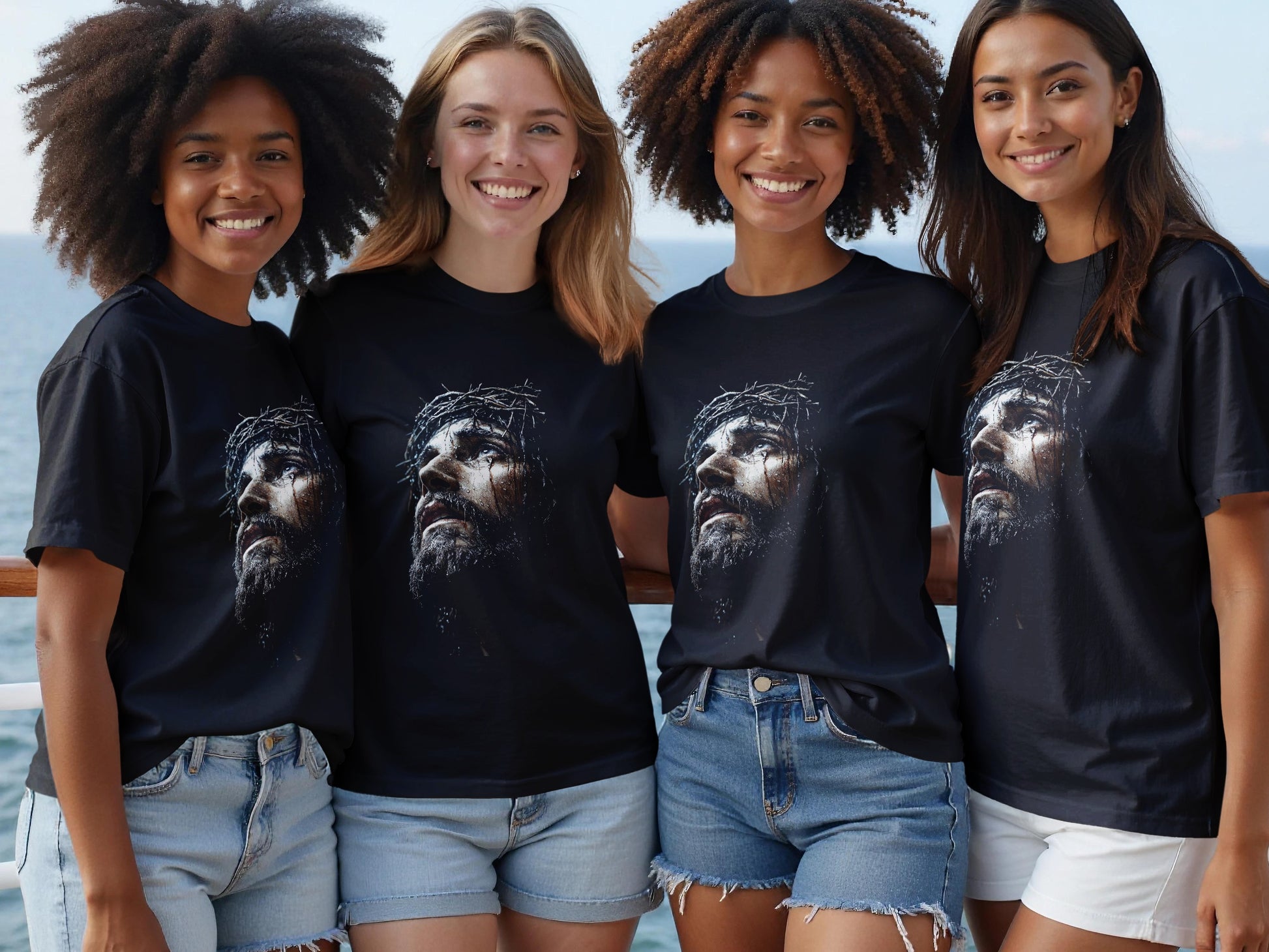 Four women wear t-shirts with a portrait of Jesus Christ.