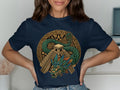 Navy t-shirt featuring a circular Aztec design with a feathered serpent and pyramid.