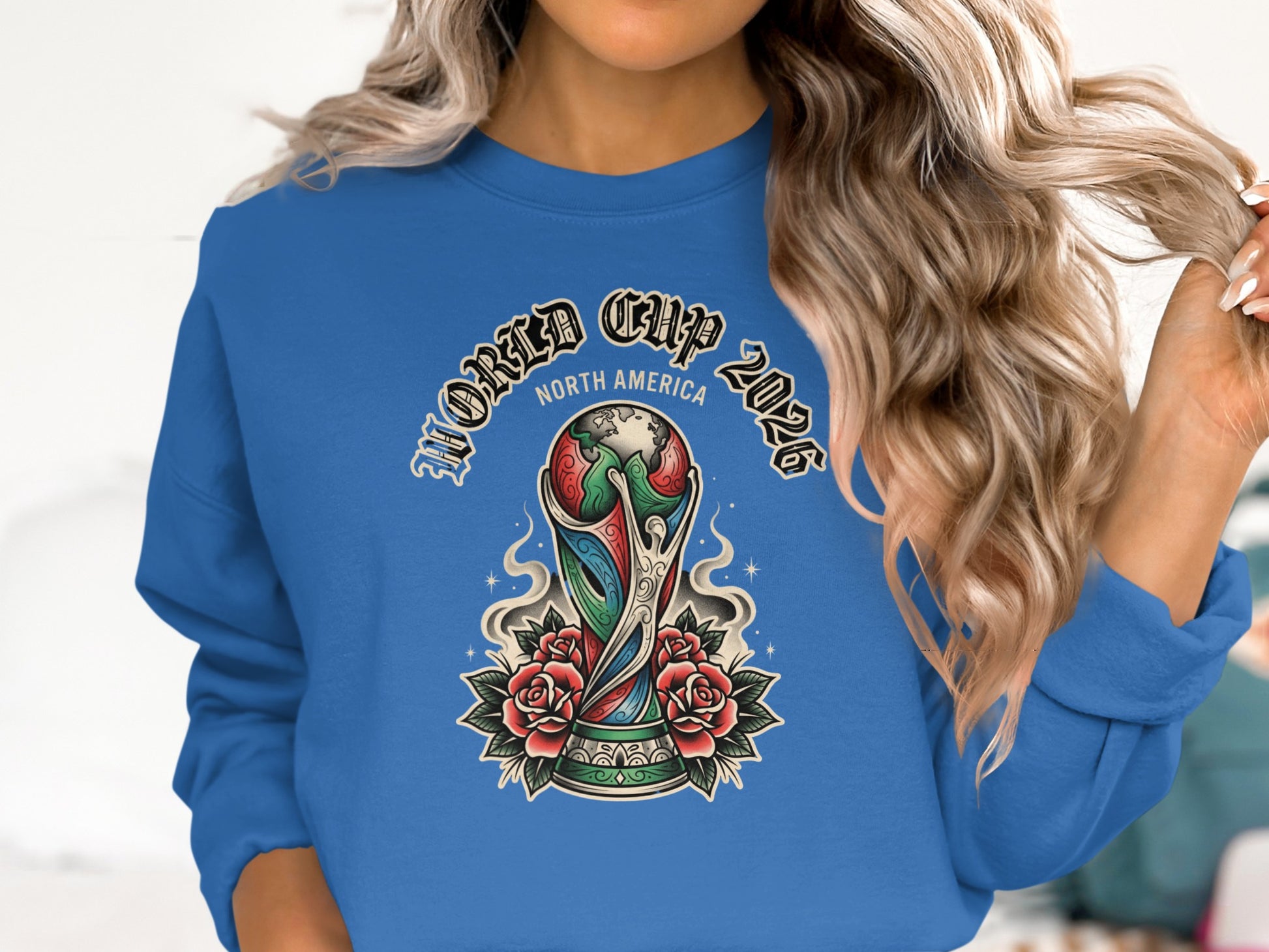 Crewneck sweatshirt with World Cup 2026 North America trophy and roses graphic.