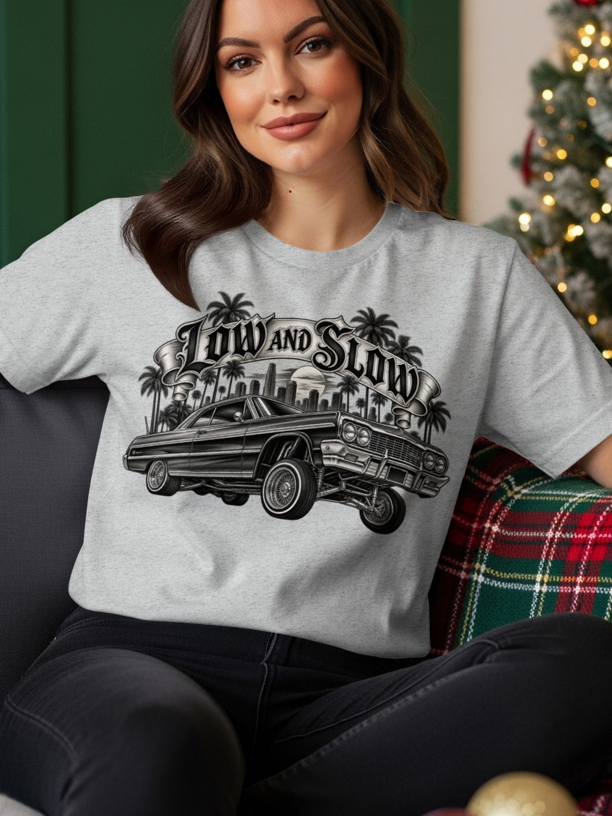 T-shirt with "Low and Slow" text and a classic lowrider car.