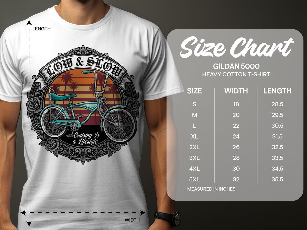 Gildan 5000 t-shirt size chart with "Low & Slow Cruising is a Lifestyle" bike graphic.