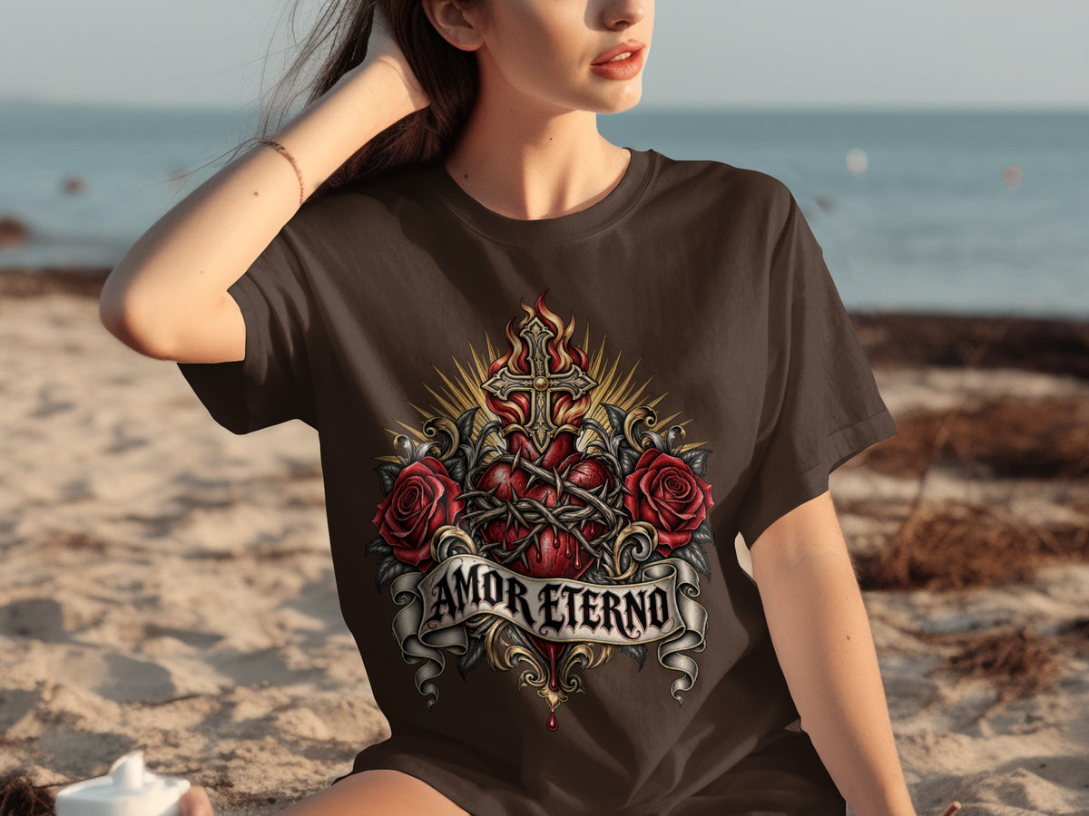 Brown t-shirt with "AMOR ETERNO" text and Sacred Heart tattoo design.
