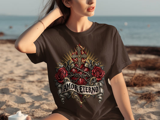 Brown t-shirt with "AMOR ETERNO" text and Sacred Heart tattoo design.