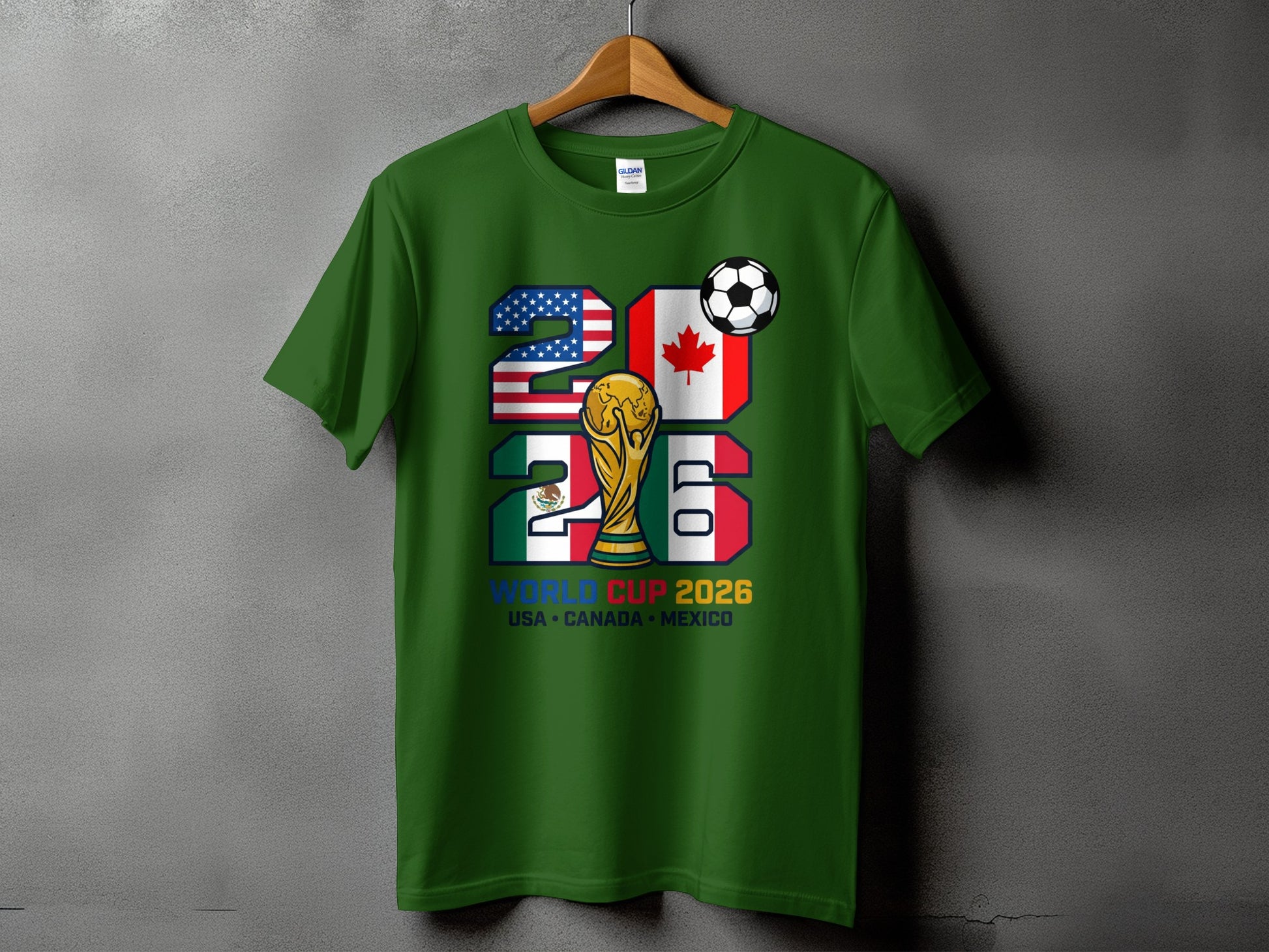 Green t-shirt with 2026 World Cup logo featuring USA, Canada, and Mexico flags.