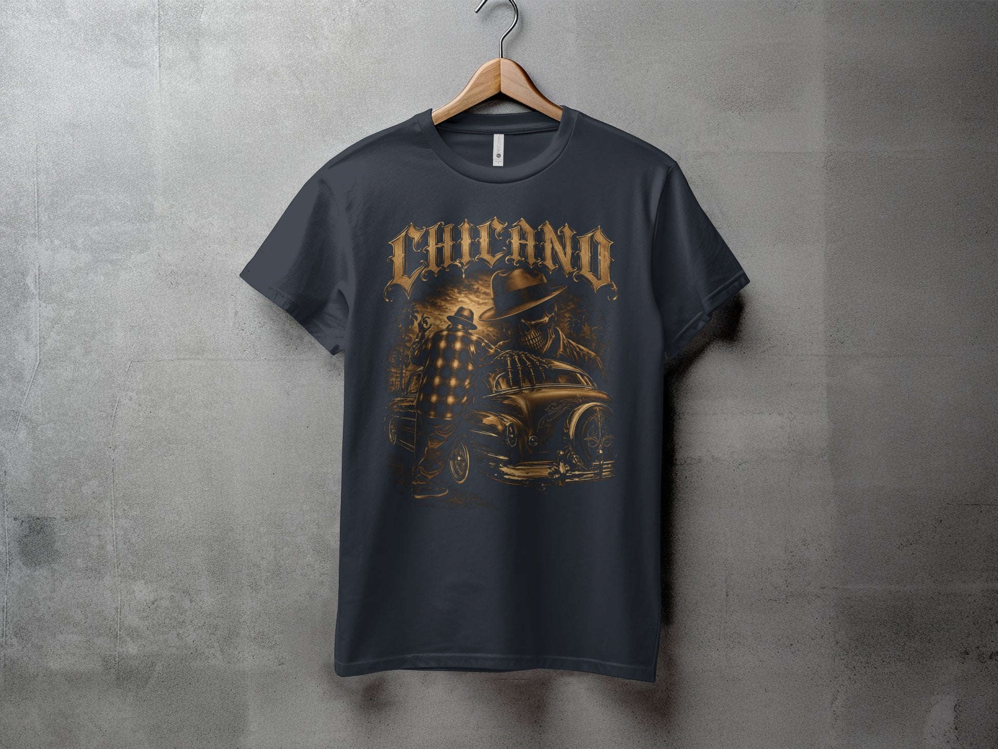 Dark t-shirt with "Chicano" text, a skull, and a vintage car graphic.