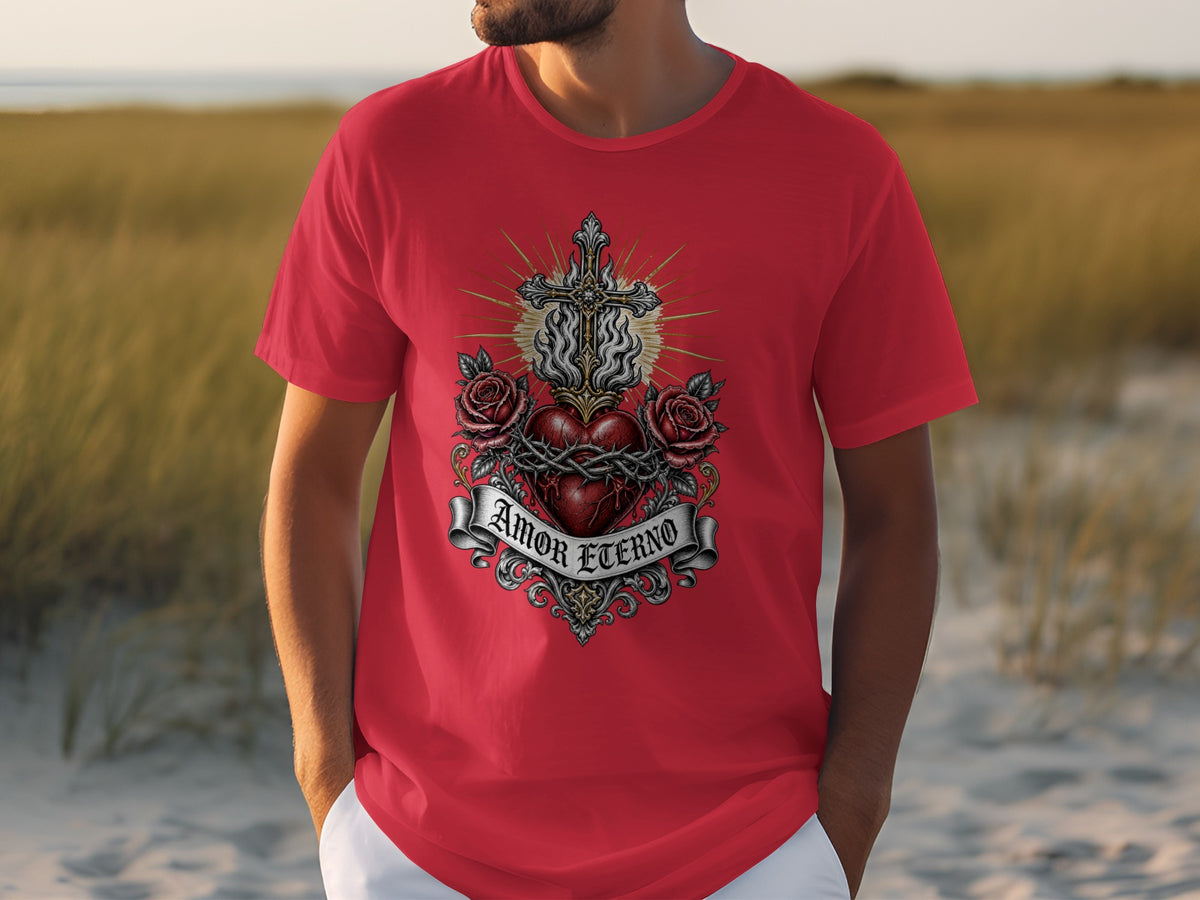 Red t-shirt with Sacred Heart design and "Amor Eterno" text.
