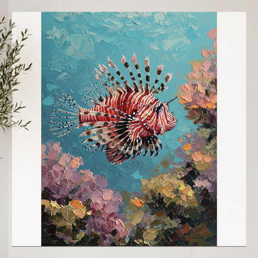 Impressionist oil painting of a red and white striped lionfish among colorful coral reefs.