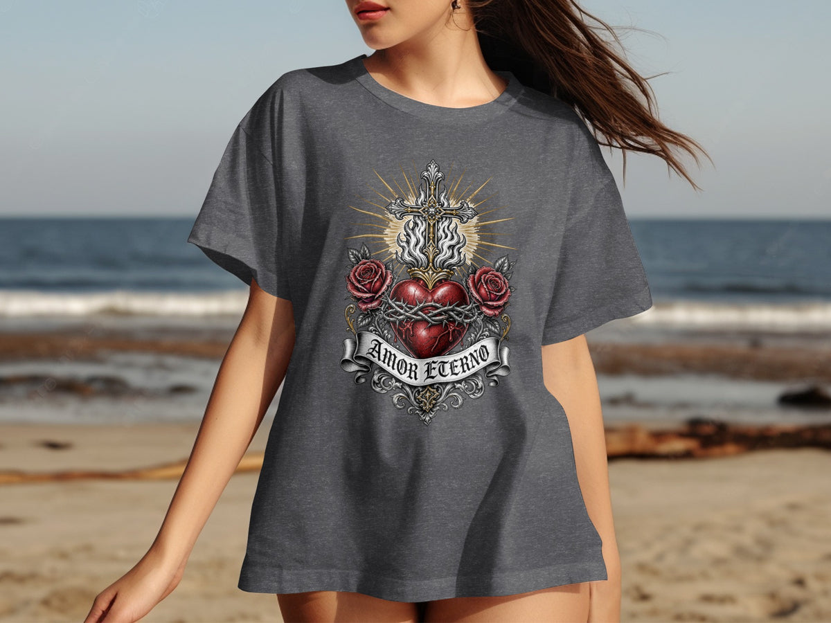 Grey t-shirt with a Sacred Heart design, cross, roses, and "Amor Eterno" text.