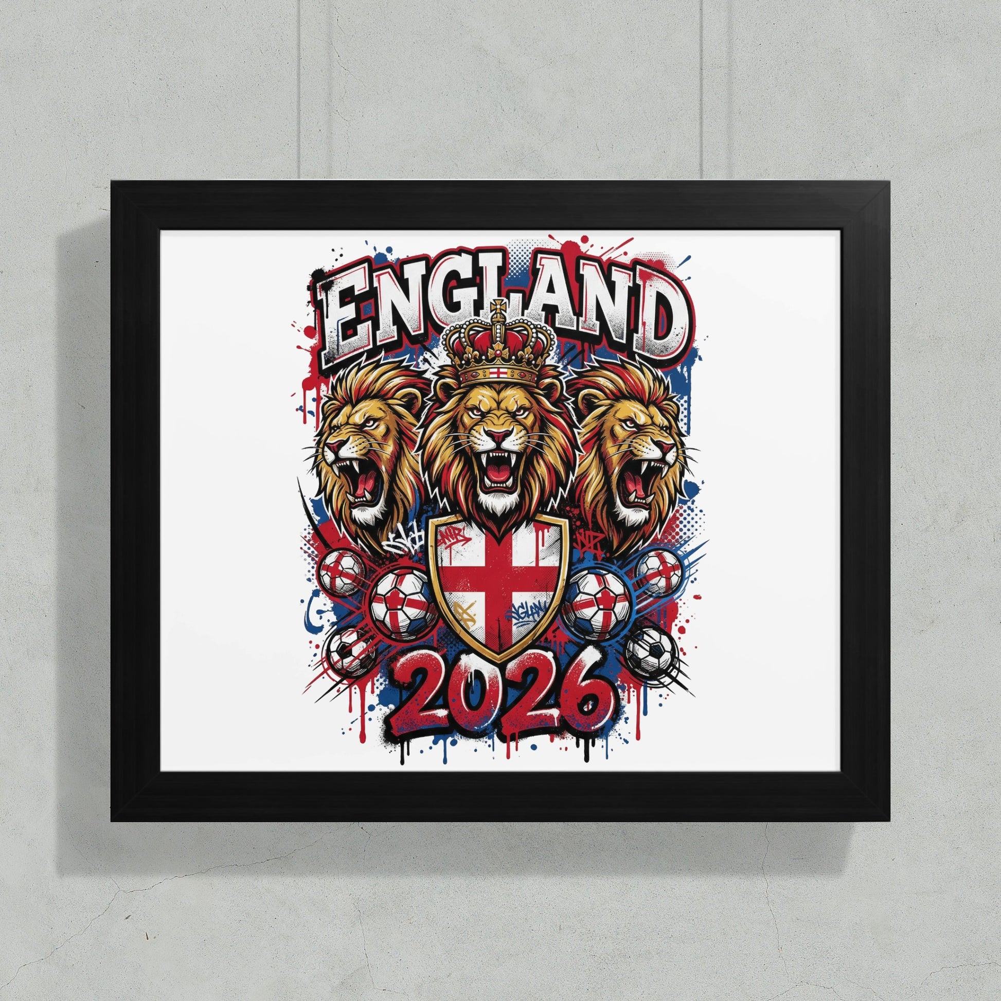 England 2026 graphic with lions, St George's Cross shield, and soccer balls.