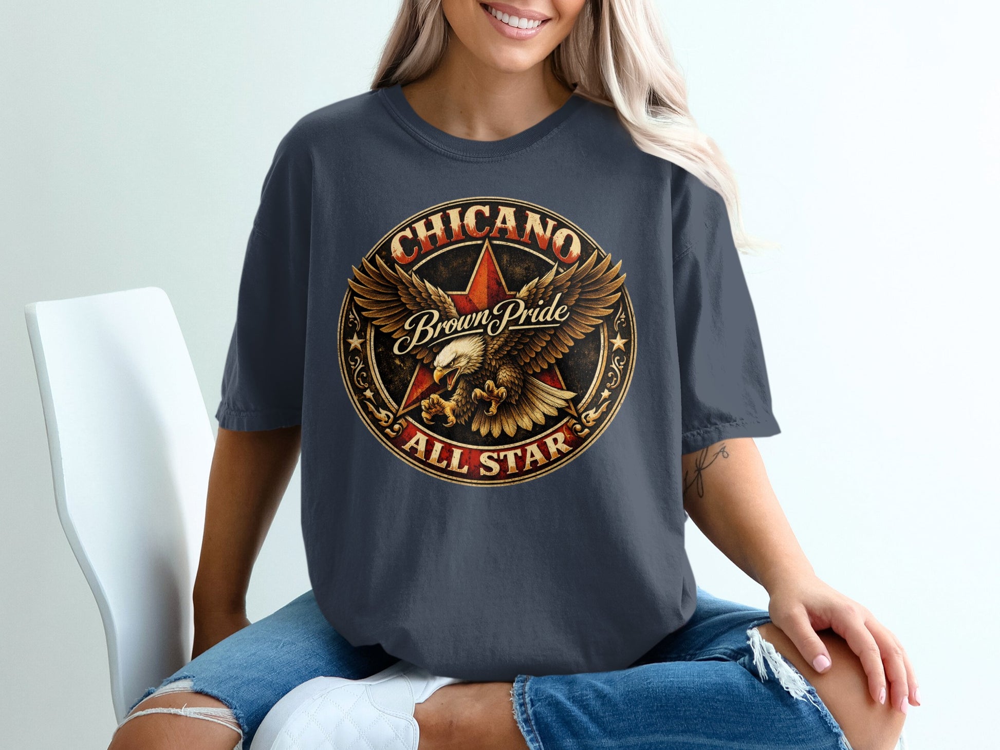 Dark t-shirt with "CHICANO BROWN PRIDE ALL STAR" text and eagle graphic.
