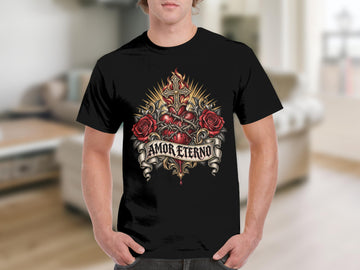 Black t-shirt with flaming heart, crown of thorns, roses, and "AMOR ETERNO" text.