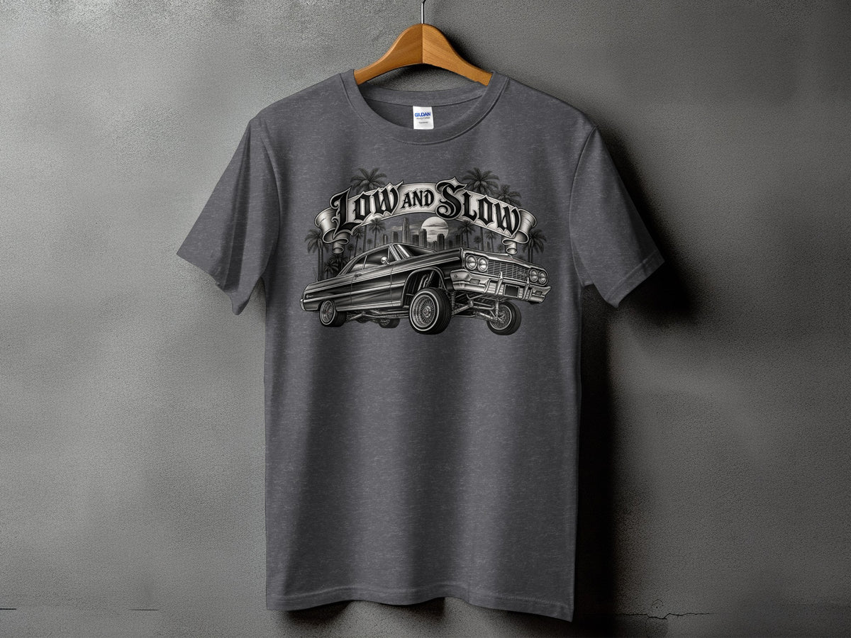 T-shirt with "Low and Slow" text and a lowrider car graphic.