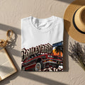 White t-shirt with red car graphic, 