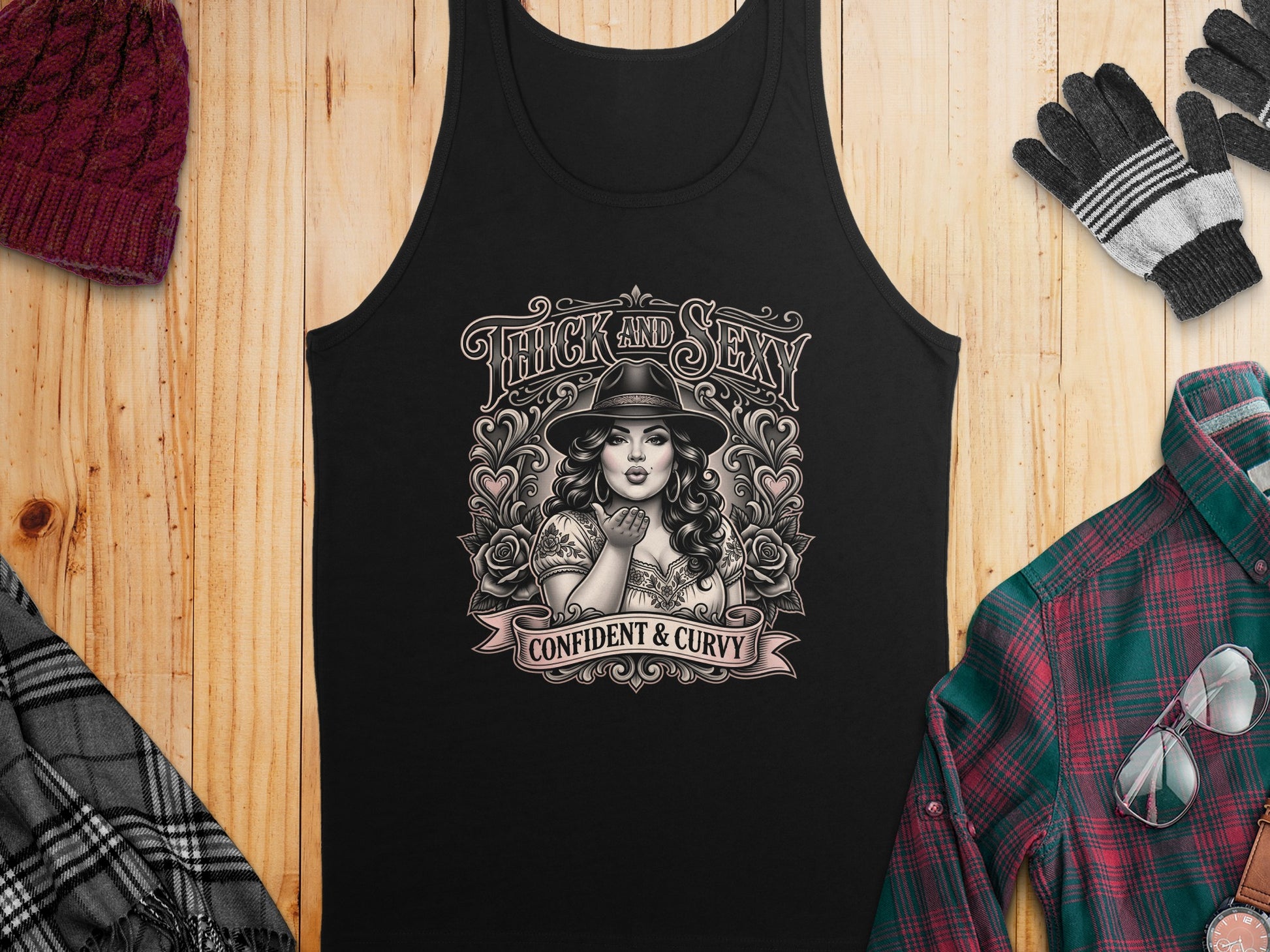 Black tank top with "Thick and Sexy Confident & Curvy" graphic featuring a woman.