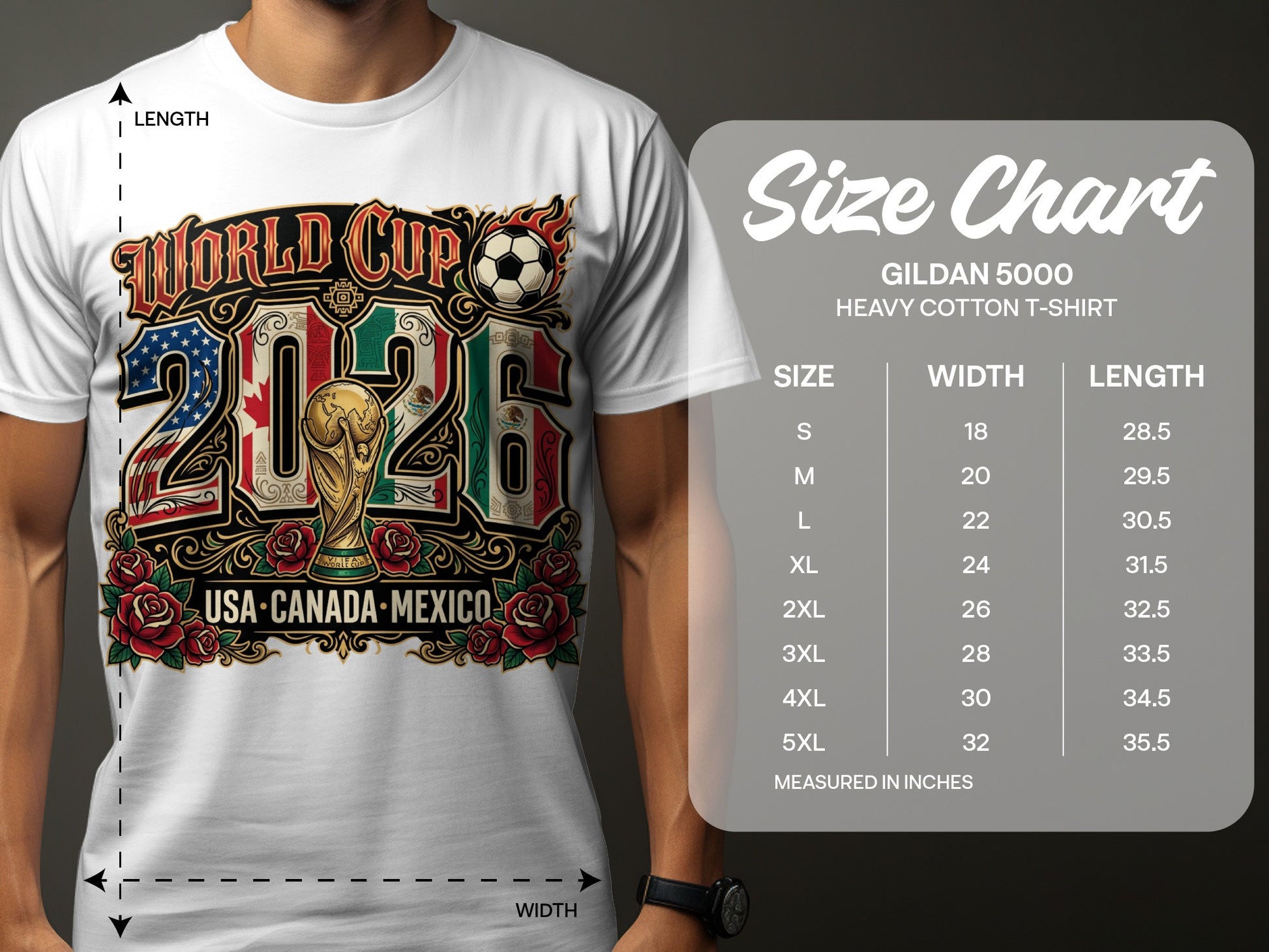 T-shirt size chart for Gildan 5000 heavy cotton with World Cup 2026 design.