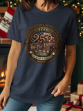 Navy t-shirt with circular emblem celebrating 