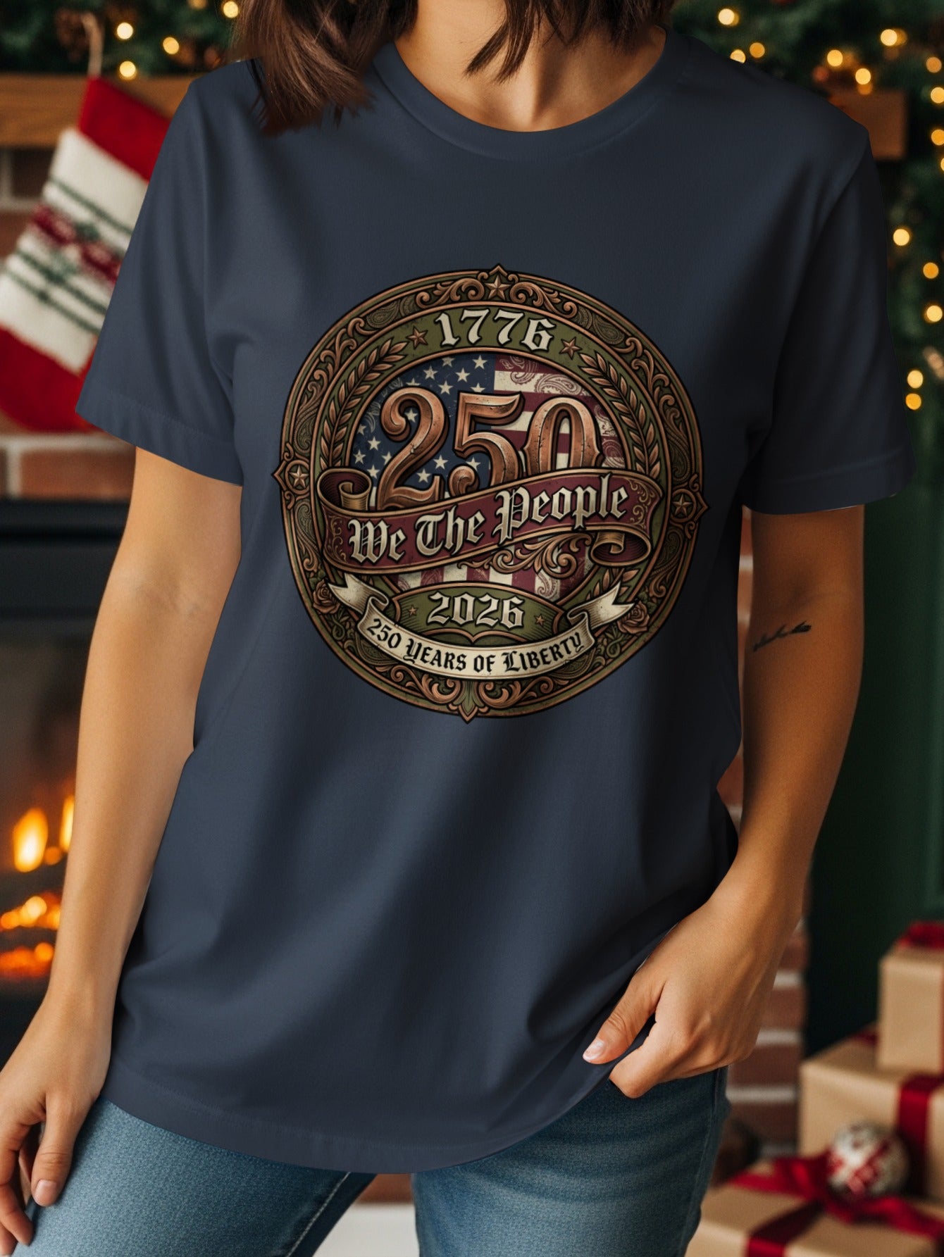 Navy t-shirt with circular emblem celebrating "We the People" 250 years of liberty.