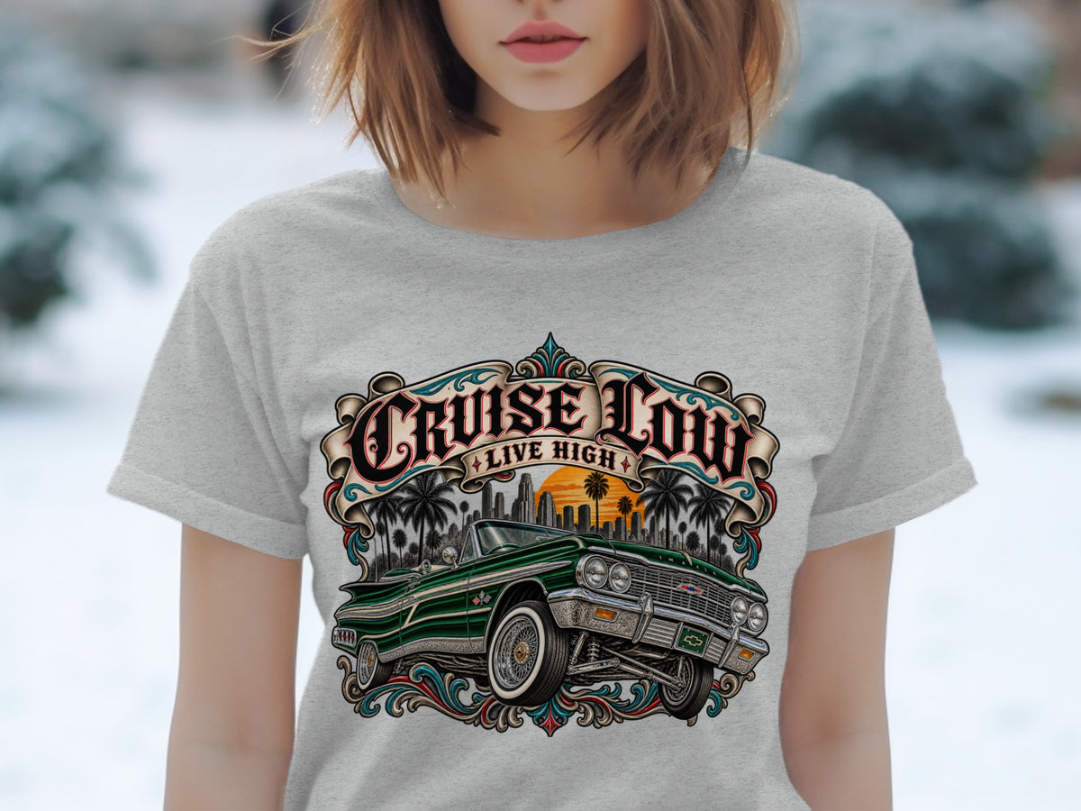 Green classic convertible with "CRUISE LOW LIVE HIGH" text and city skyline.