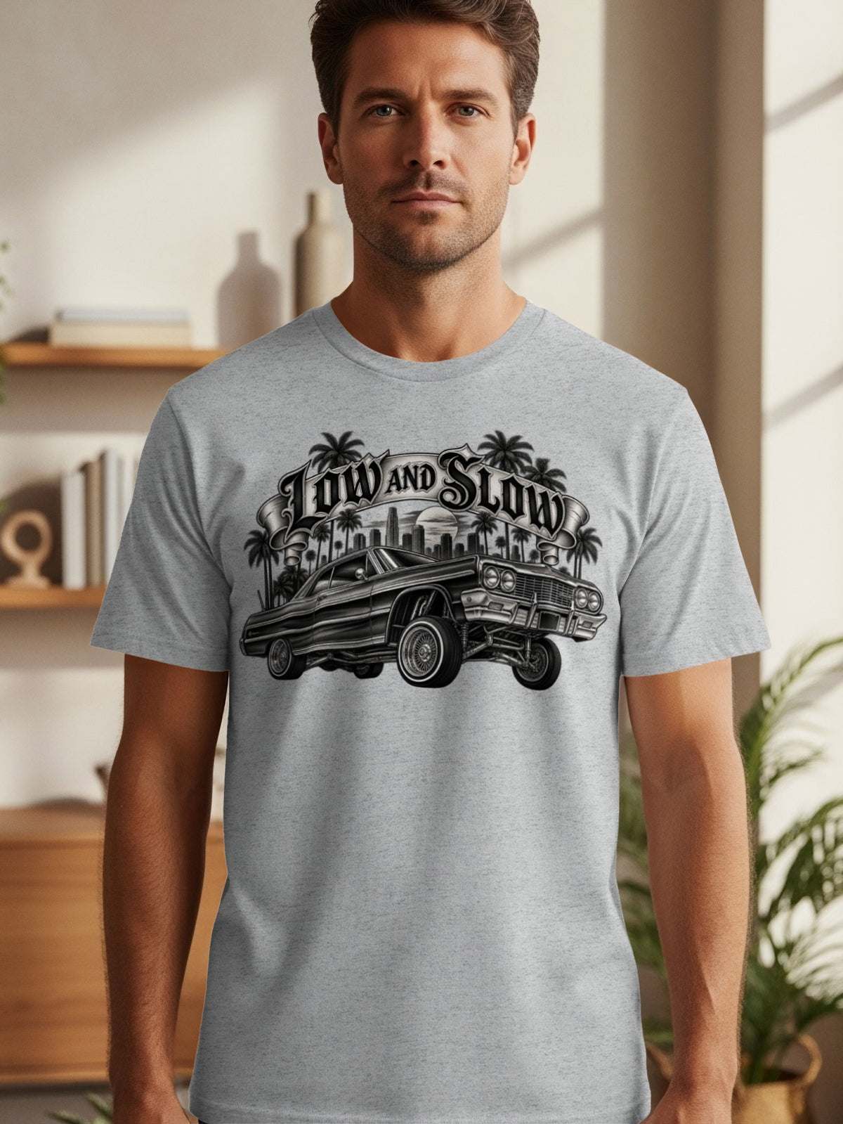 Grey t-shirt with "LOW AND SLOW" text over a lowrider car and cityscape.