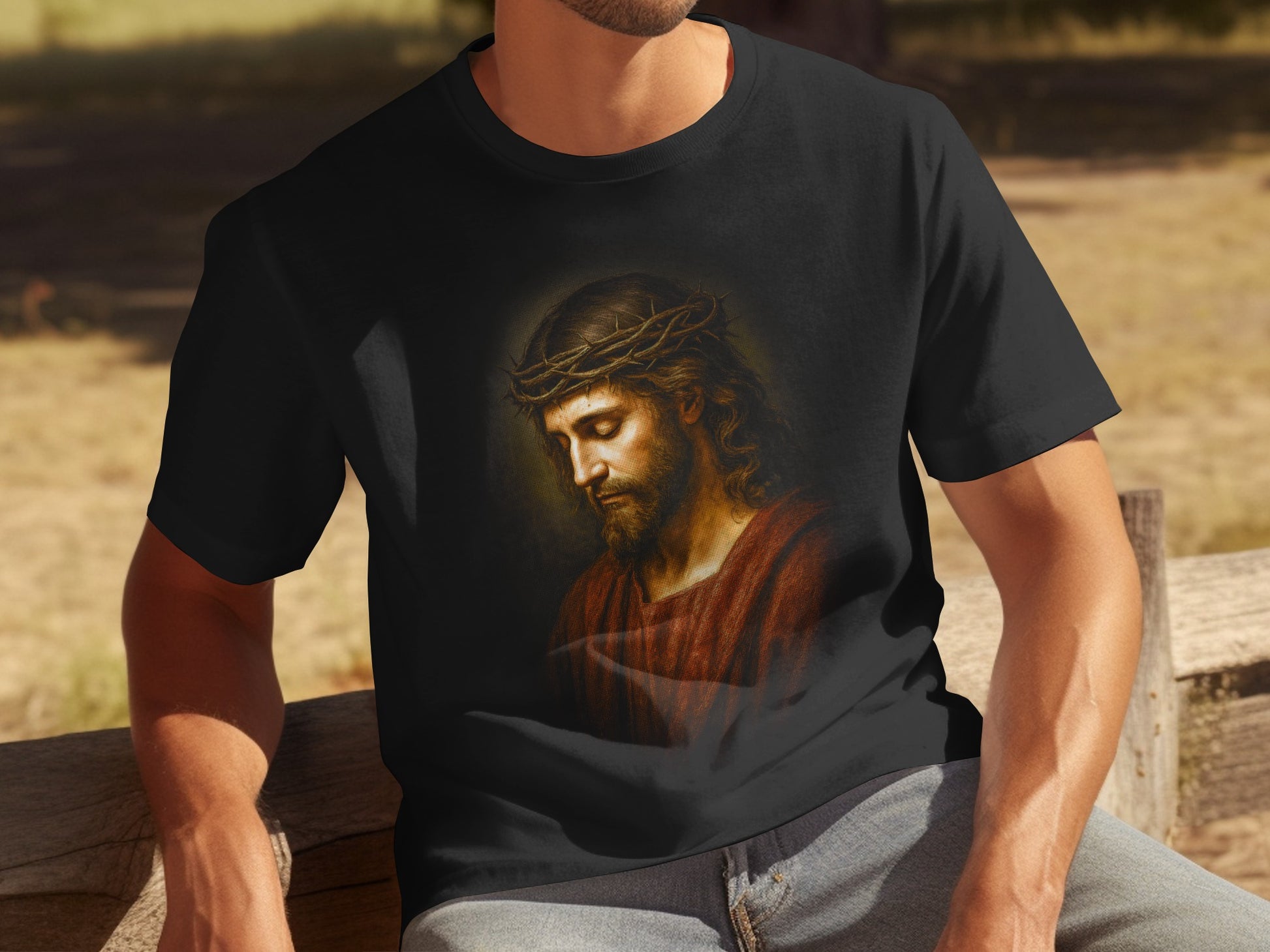 Black t-shirt featuring a painted portrait of Jesus wearing a crown of thorns.