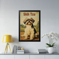 Shih Tzu dog portrait in a framed poster on a shelf.