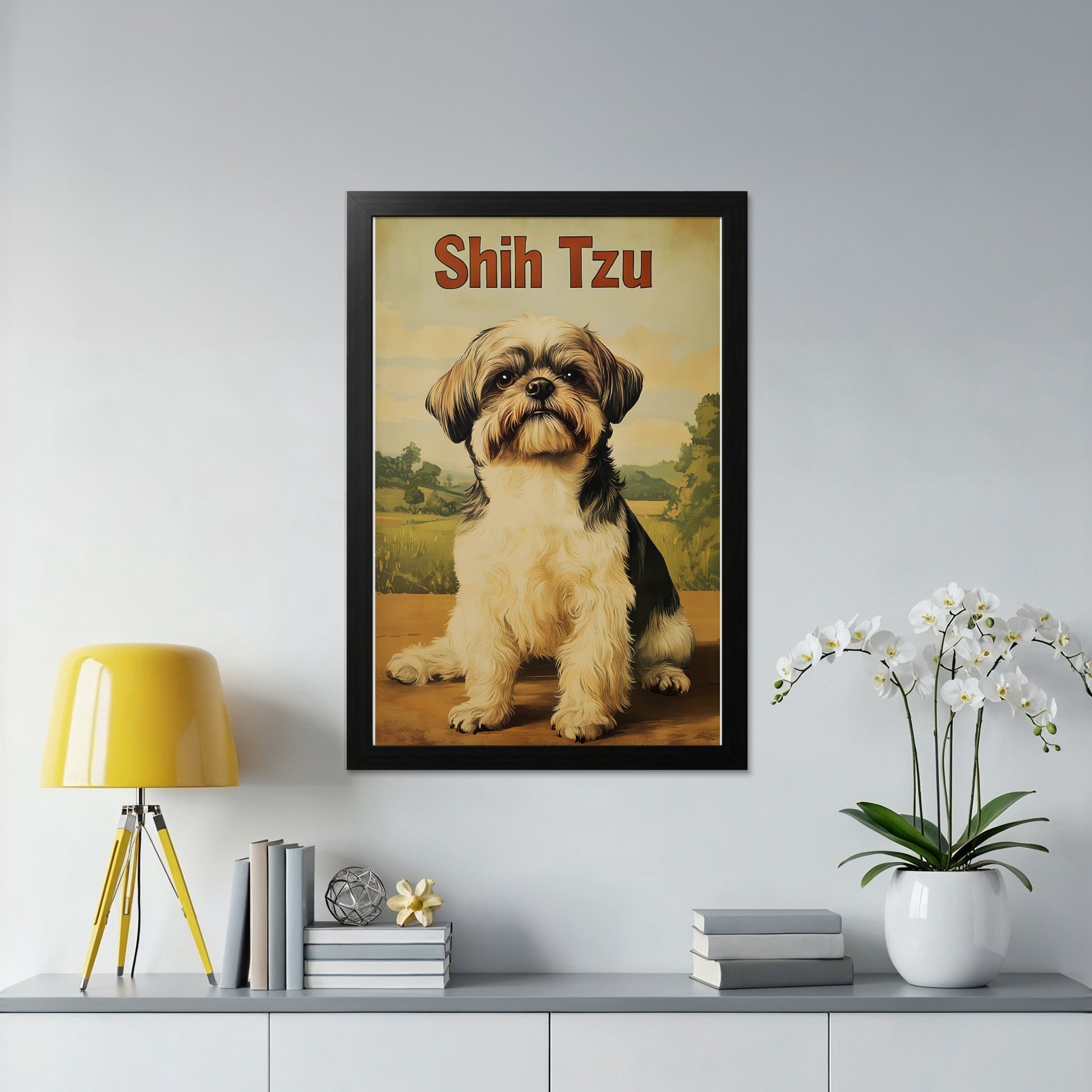 Shih Tzu dog portrait in a framed poster on a shelf.