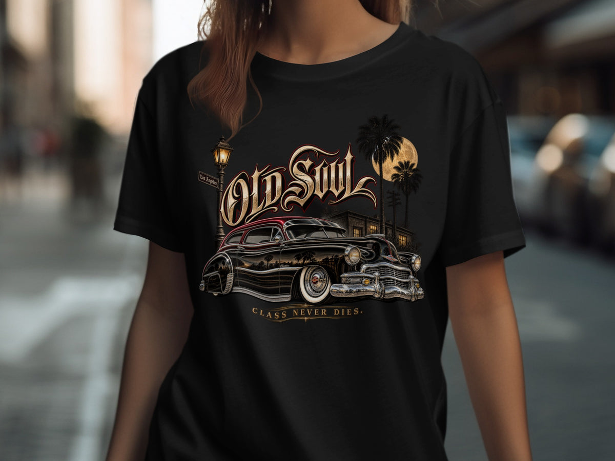 Black t-shirt with "Old Soul Class Never Dies" text and classic car design.