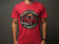Red t-shirt with a graphic of a classic red pickup truck, roses, and text.