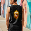Black sleeveless shirt with Sacred Heart design on back.