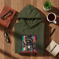 Green hoodie featuring a raccoon with spray cans, 