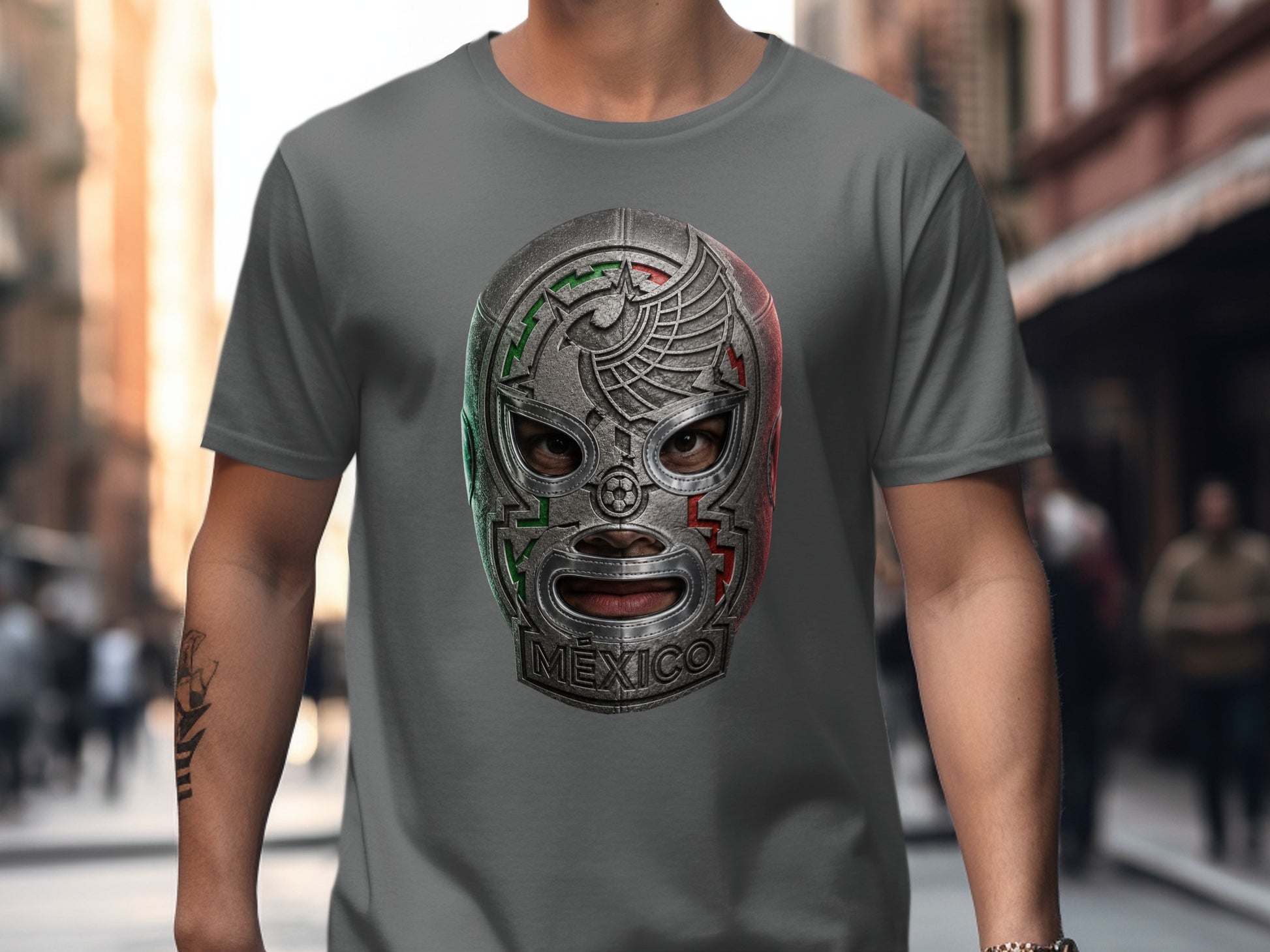 Gray t-shirt featuring a metallic Mexican lucha libre mask with red, white, and green accents.