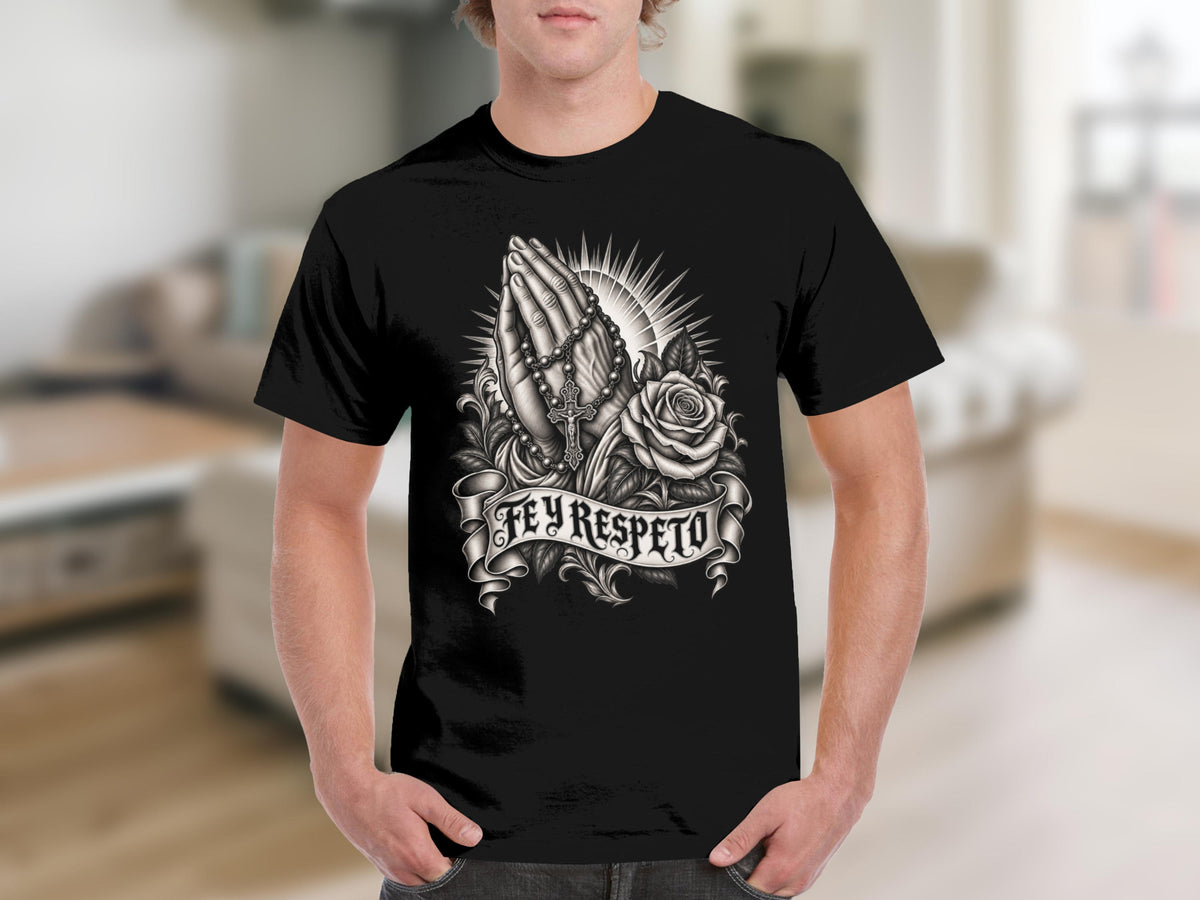 Black t-shirt with praying hands, rose, rosary, cross, and "FEY RESPETO" text.