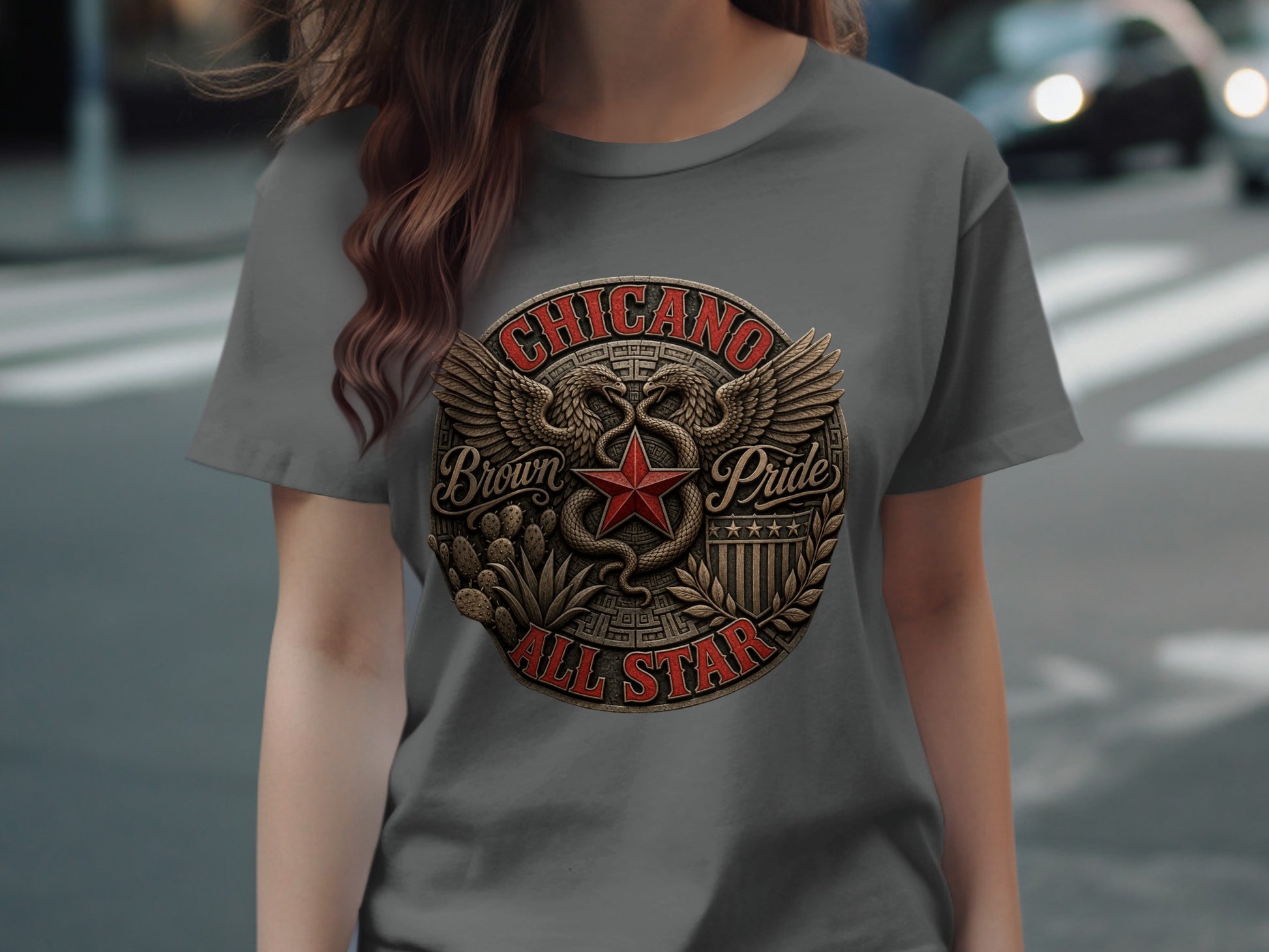 Chicano Brown All Star emblem with snakes and a star on a grey t-shirt.