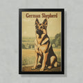German Shepherd dog sitting in a field, text at top reads 